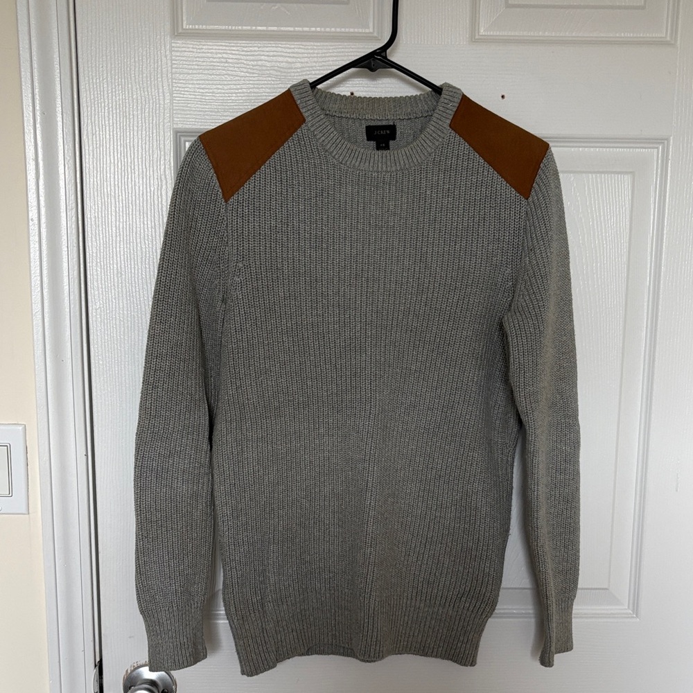 Jcrew grey sweater with suede shoulder patches